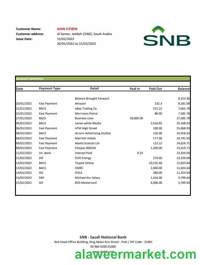 Saudi Arabia SNB bank statement xls